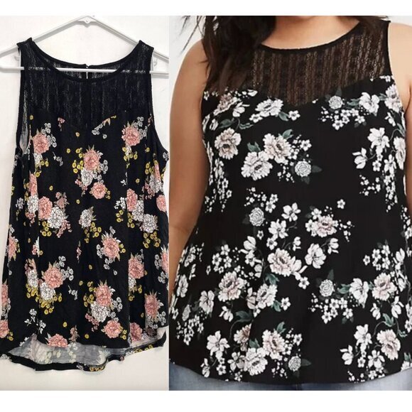 TORRID 1 Plus Size Super Soft Crew Neck Lace Yoke Tank Black Pink Yellow Floral - Picture 1 of 16